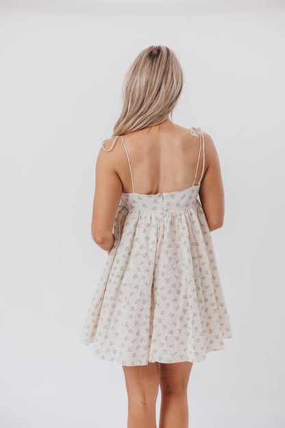 Irelyn Babydoll Mini Dress with Bow Accent in Cream/Blue Floral & Polka Dot