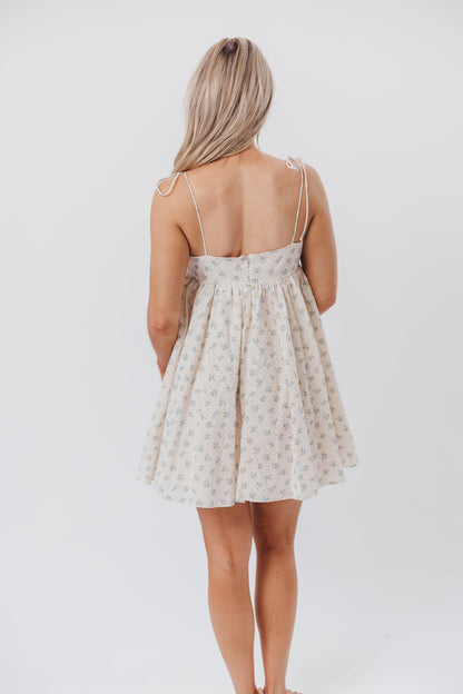 Irelyn Babydoll Mini Dress with Bow Accent in Cream/Blue Floral & Polka Dot