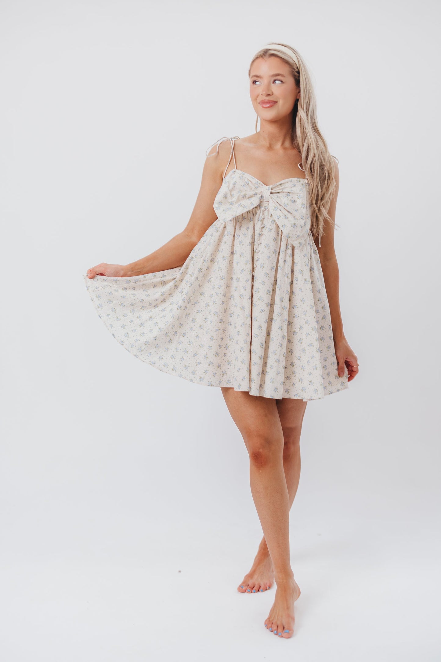 Irelyn Babydoll Mini Dress with Bow Accent in Cream/Blue Floral & Polka Dot