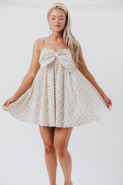 Irelyn Babydoll Mini Dress with Bow Accent in Cream/Blue Floral & Polka Dot