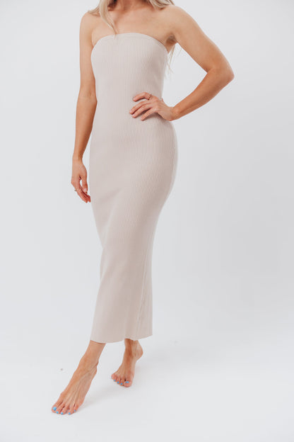 Courtney Ribbed Knit Strapless Maxi Dress in Natural