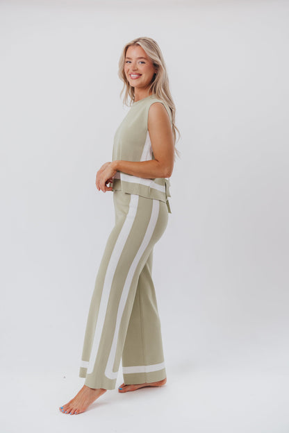 Renee Tie Back Sweater Top & Wide Leg Pants Set in Sage/Ivory