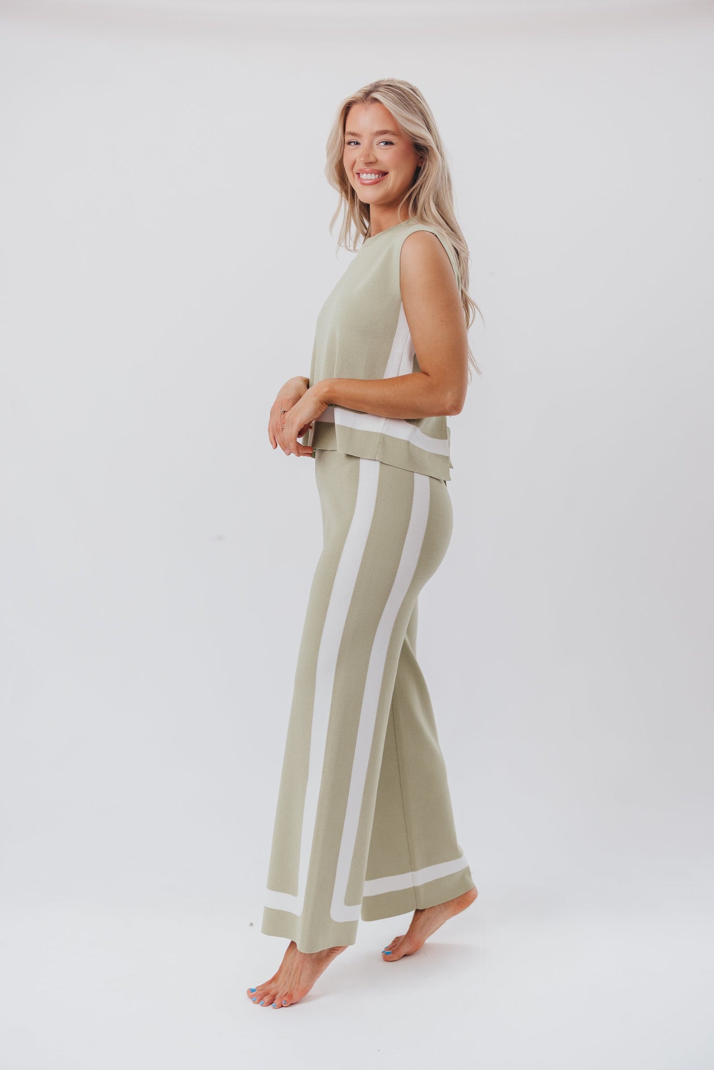 Renee Tie Back Sweater Top & Wide Leg Pants Set in Sage/Ivory