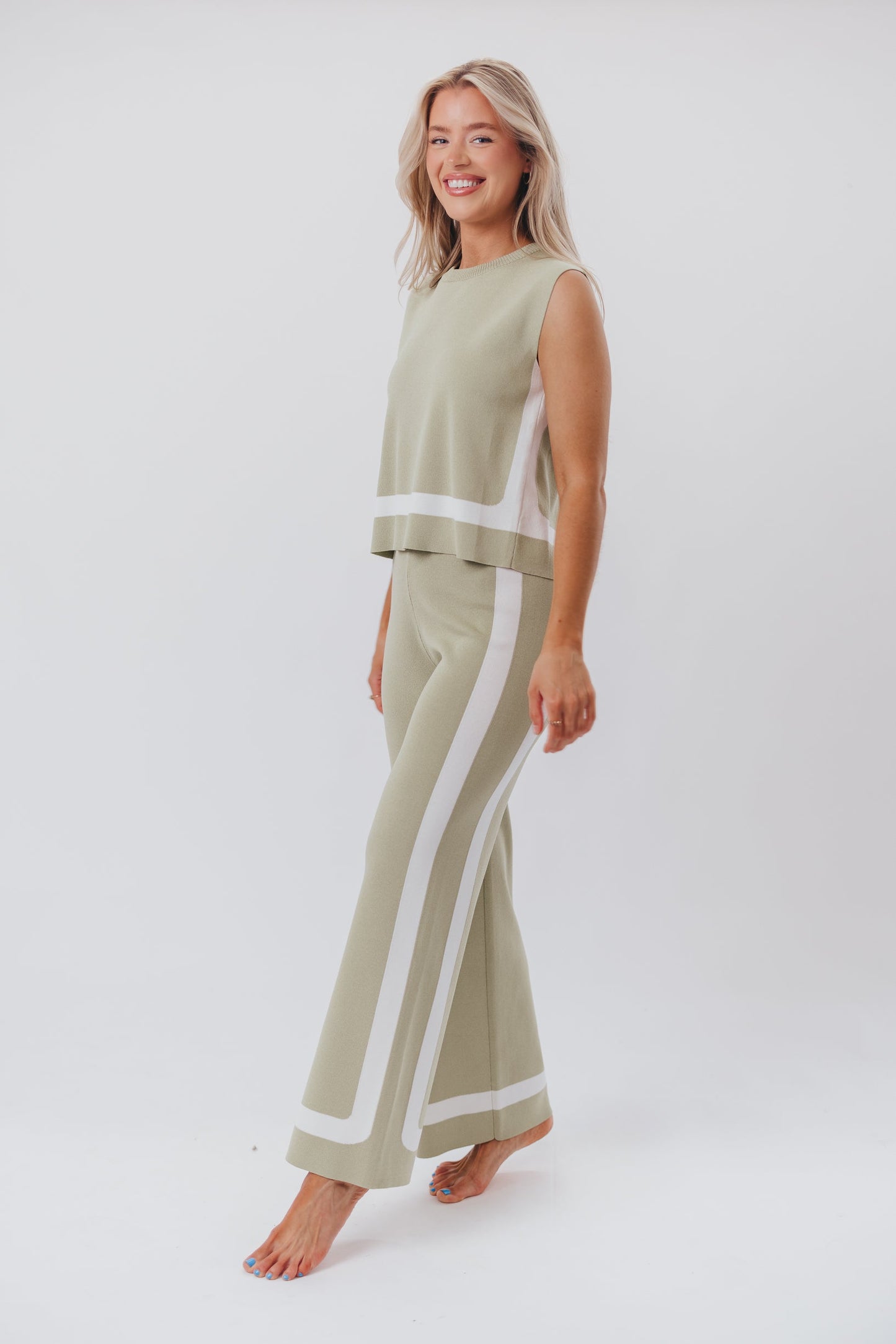 Renee Tie Back Sweater Top & Wide Leg Pants Set in Sage/Ivory