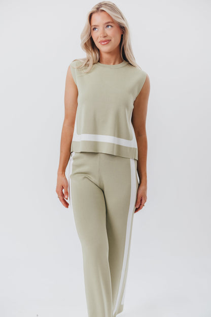 Renee Tie Back Sweater Top & Wide Leg Pants Set in Sage/Ivory