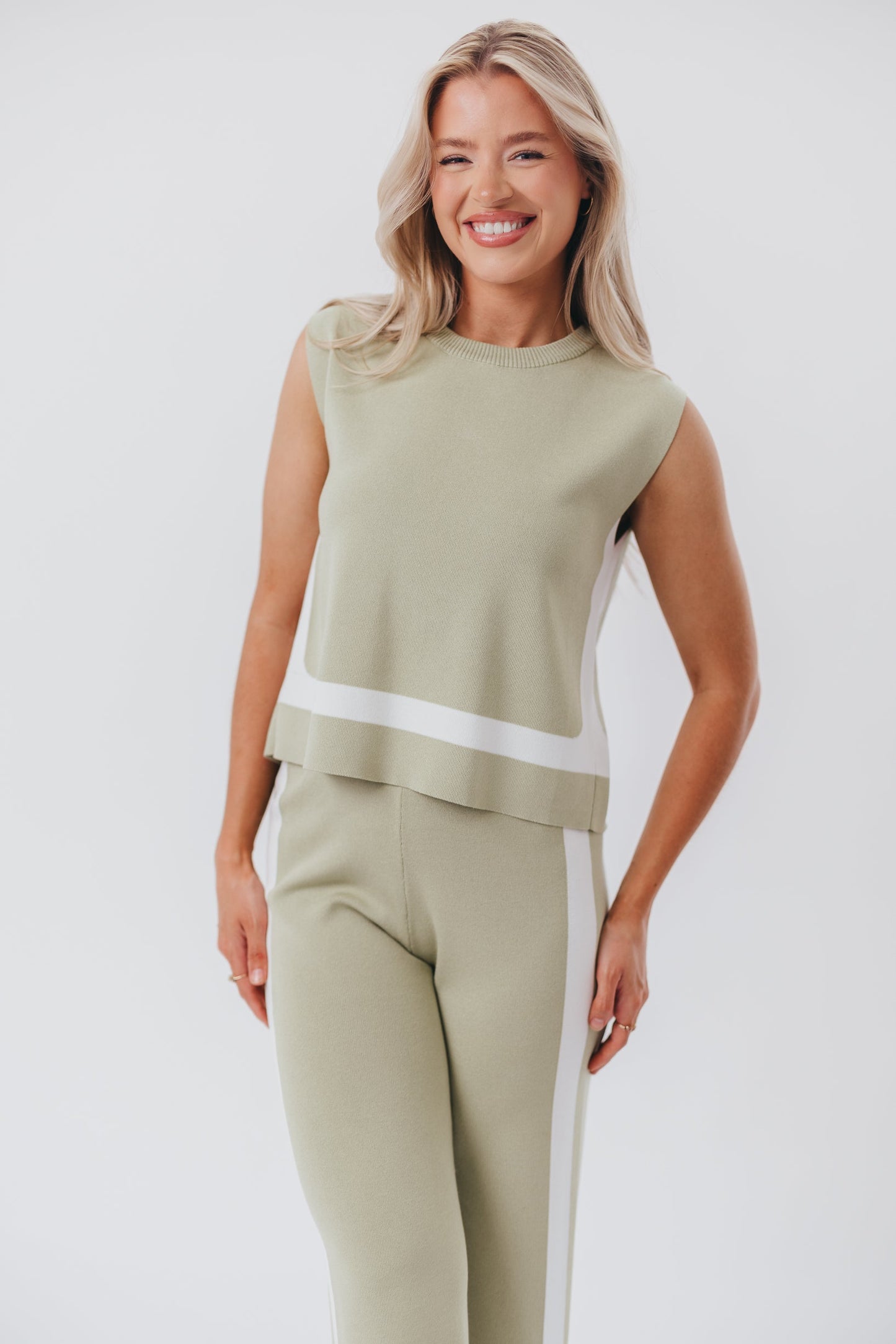 Renee Tie Back Sweater Top & Wide Leg Pants Set in Sage/Ivory