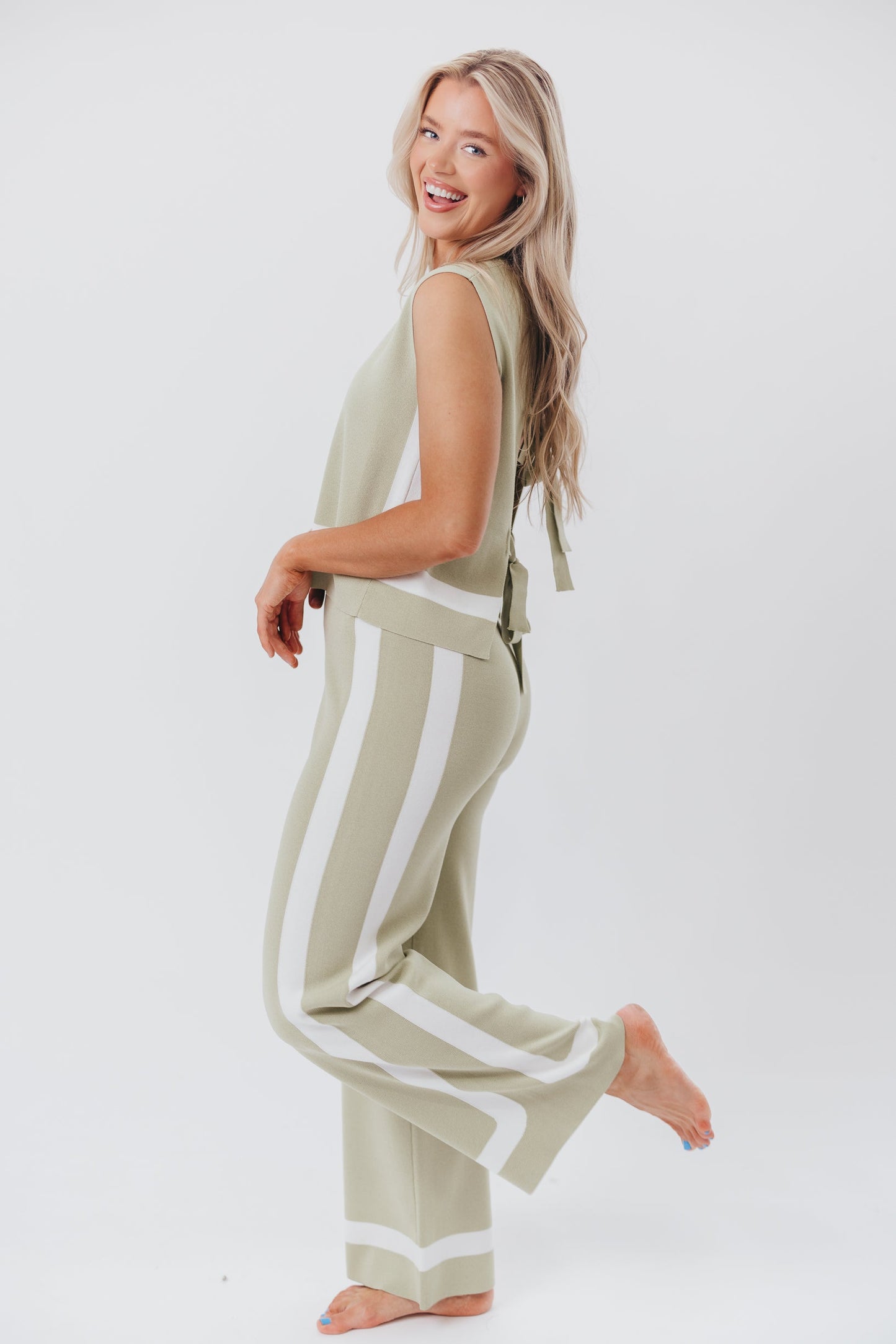 Renee Tie Back Sweater Top & Wide Leg Pants Set in Sage/Ivory