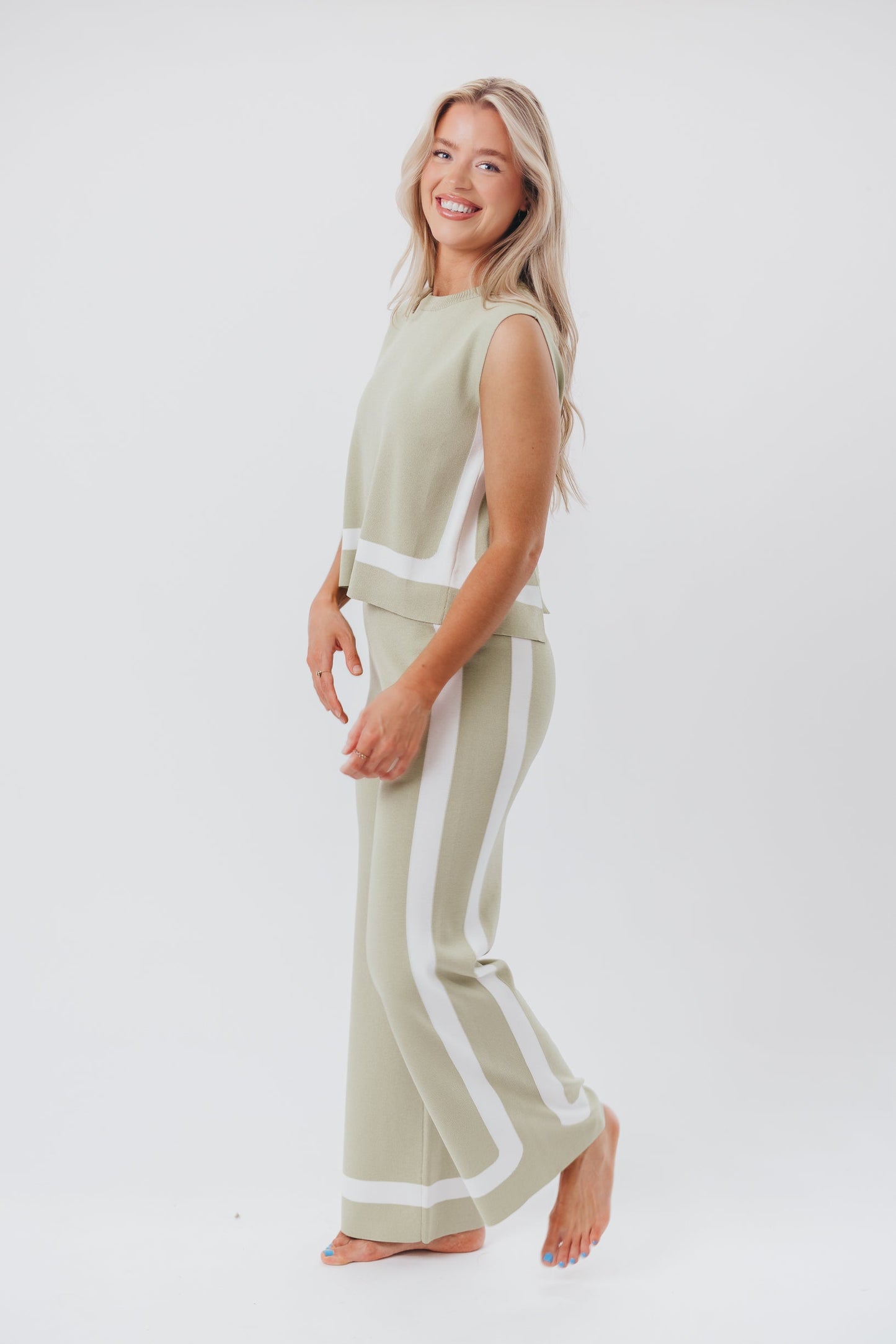 Renee Tie Back Sweater Top & Wide Leg Pants Set in Sage/Ivory