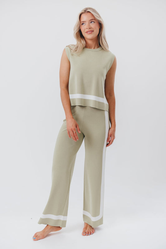 Renee Tie Back Sweater Top & Wide Leg Pants Set in Sage/Ivory