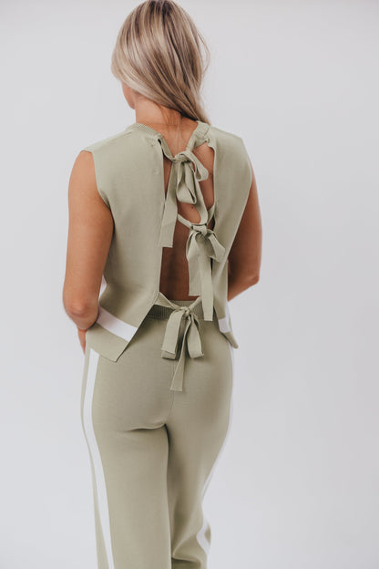 Renee Tie Back Sweater Top & Wide Leg Pants Set in Sage/Ivory