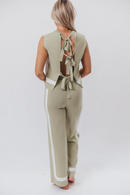 Renee Tie Back Sweater Top & Wide Leg Pants Set in Sage/Ivory