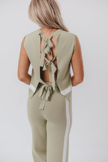 Renee Tie Back Sweater Top & Wide Leg Pants Set in Sage/Ivory