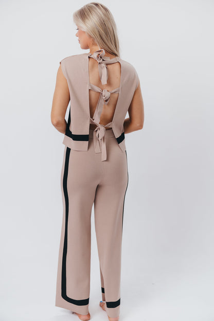 Renee Tie Back Sweater Top & Wide Leg Pants Set in Taupe/Black