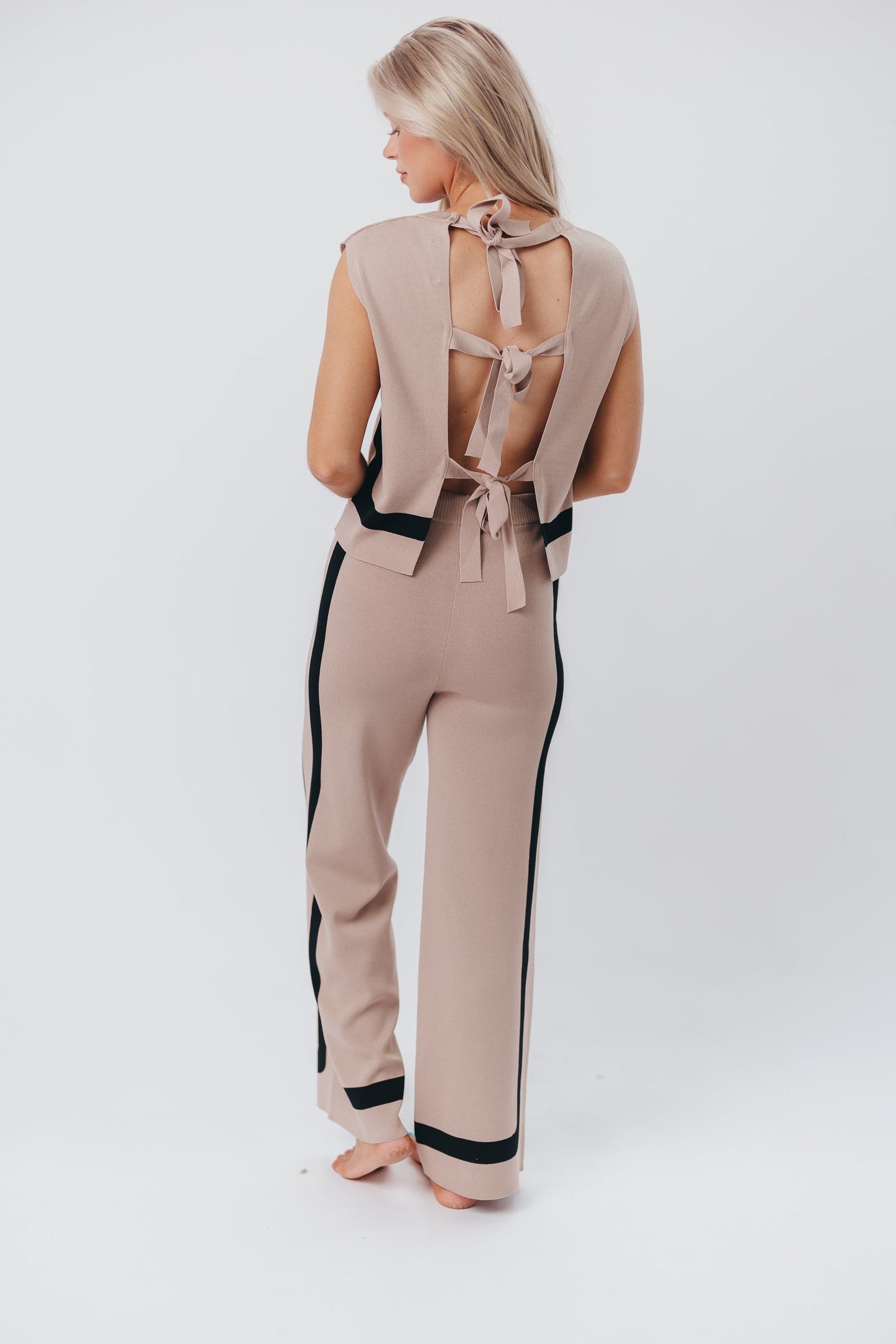 Renee Tie Back Sweater Top & Wide Leg Pants Set in Taupe/Black