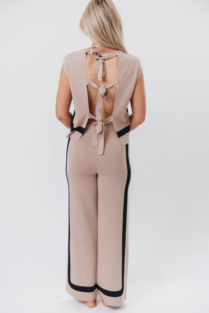 Renee Tie Back Sweater Top & Wide Leg Pants Set in Taupe/Black