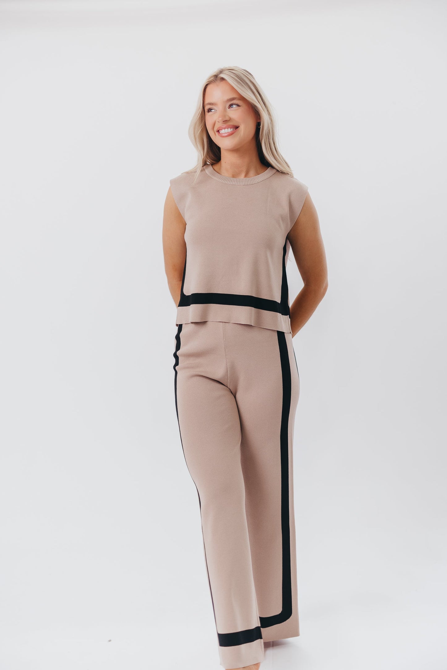 Renee Tie Back Sweater Top & Wide Leg Pants Set in Taupe/Black