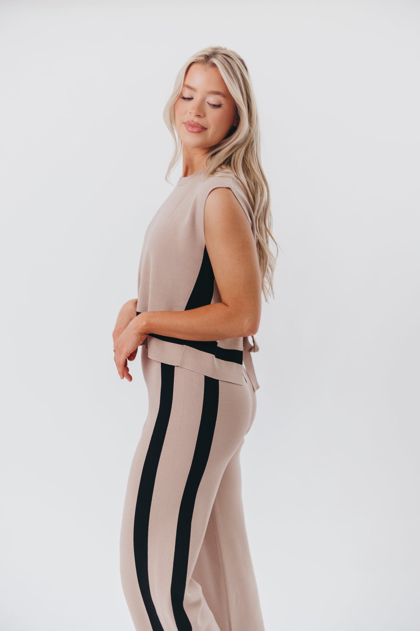 Renee Tie Back Sweater Top & Wide Leg Pants Set in Taupe/Black