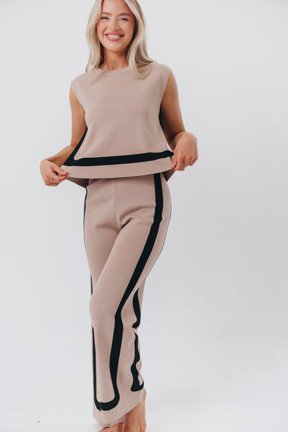 Renee Tie Back Sweater Top & Wide Leg Pants Set in Taupe/Black