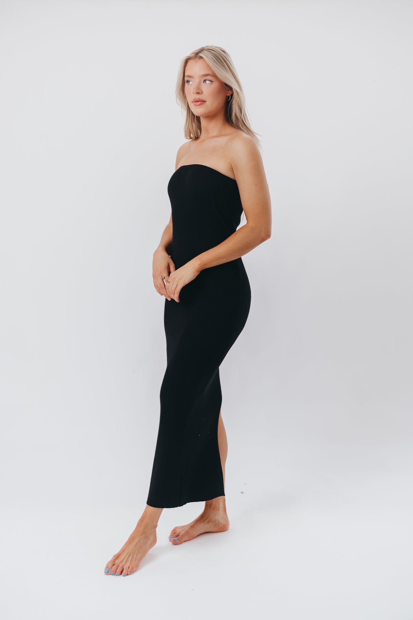 Courtney Ribbed Knit Strapless Maxi Dress in Black