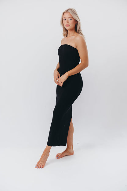 Courtney Ribbed Knit Strapless Maxi Dress in Black