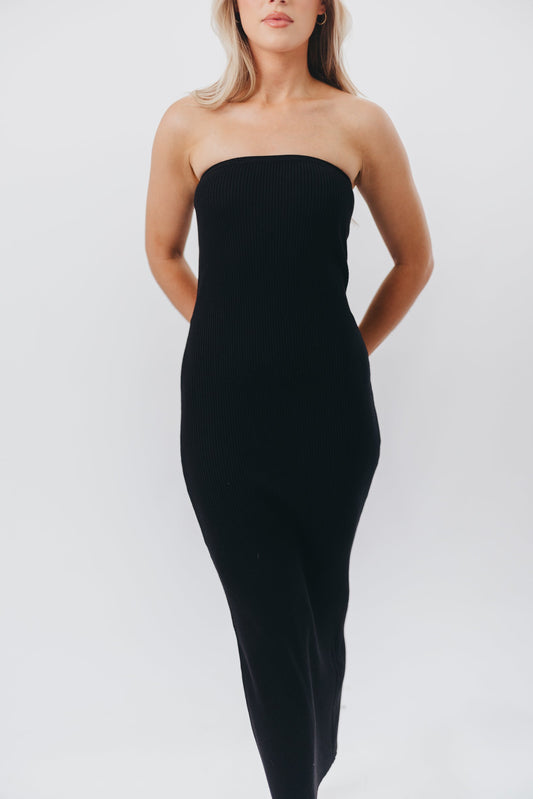 Courtney Ribbed Knit Strapless Maxi Dress in Black