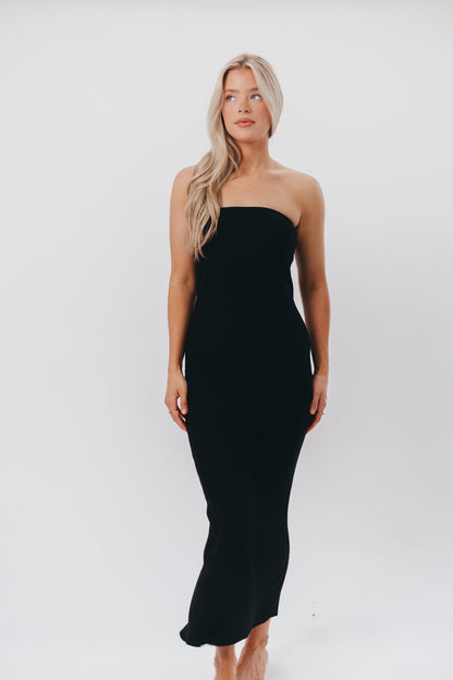 Courtney Ribbed Knit Strapless Maxi Dress in Black