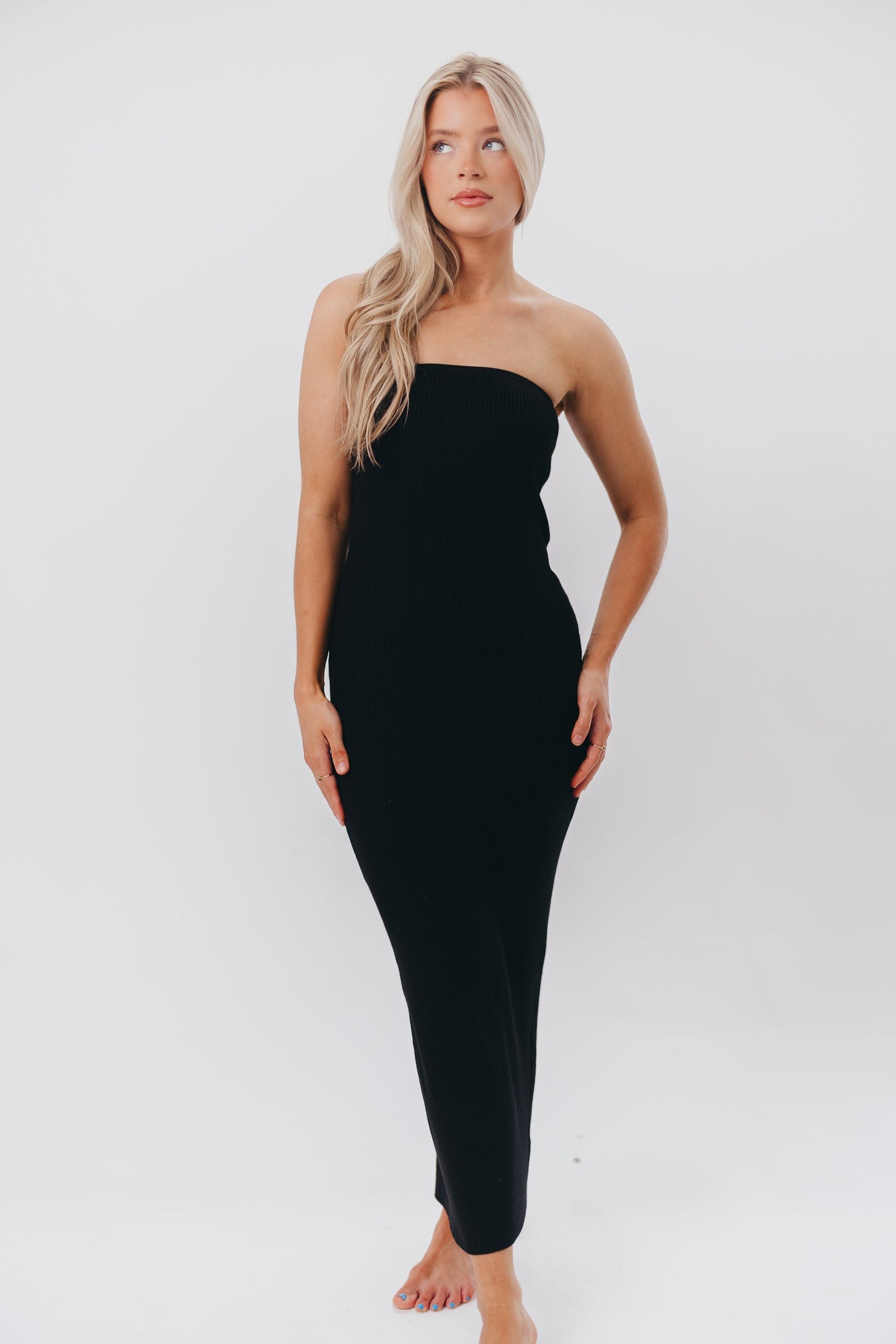 Courtney Ribbed Knit Strapless Maxi Dress in Black