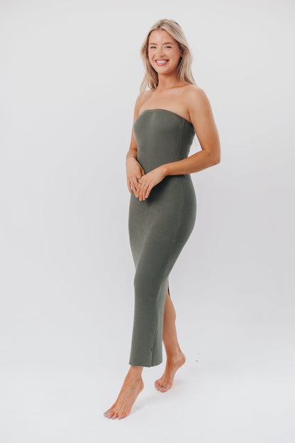 Courtney Ribbed Knit Strapless Maxi Dress in Spruce