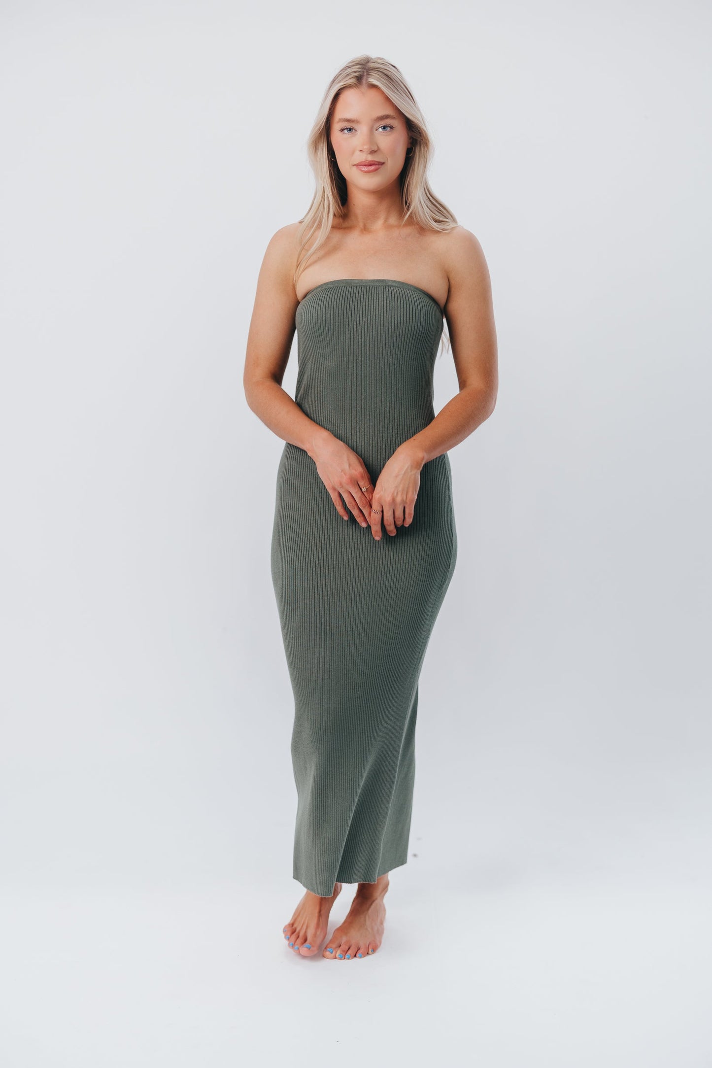 Courtney Ribbed Knit Strapless Maxi Dress in Spruce