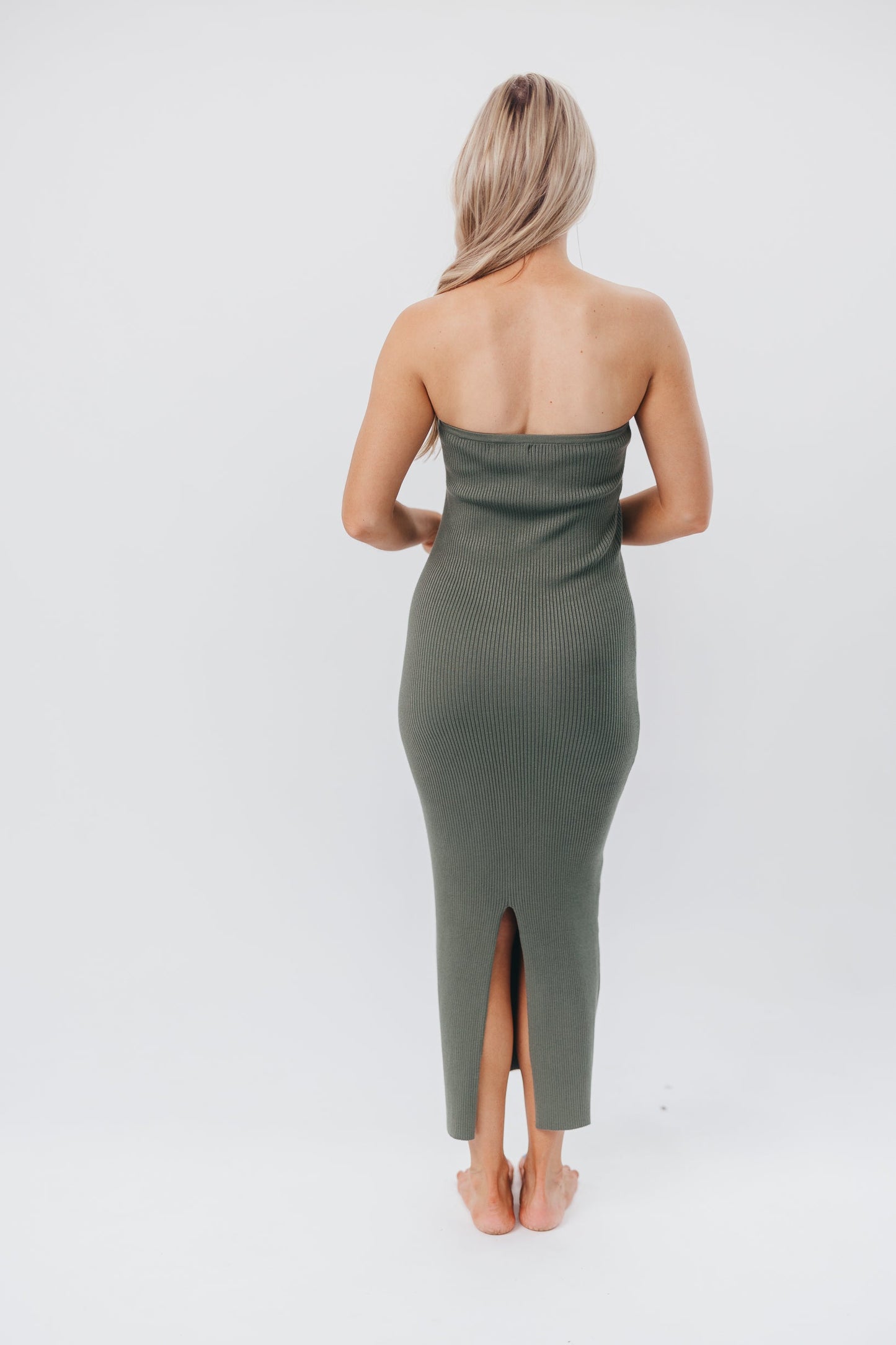 Courtney Ribbed Knit Strapless Maxi Dress in Spruce