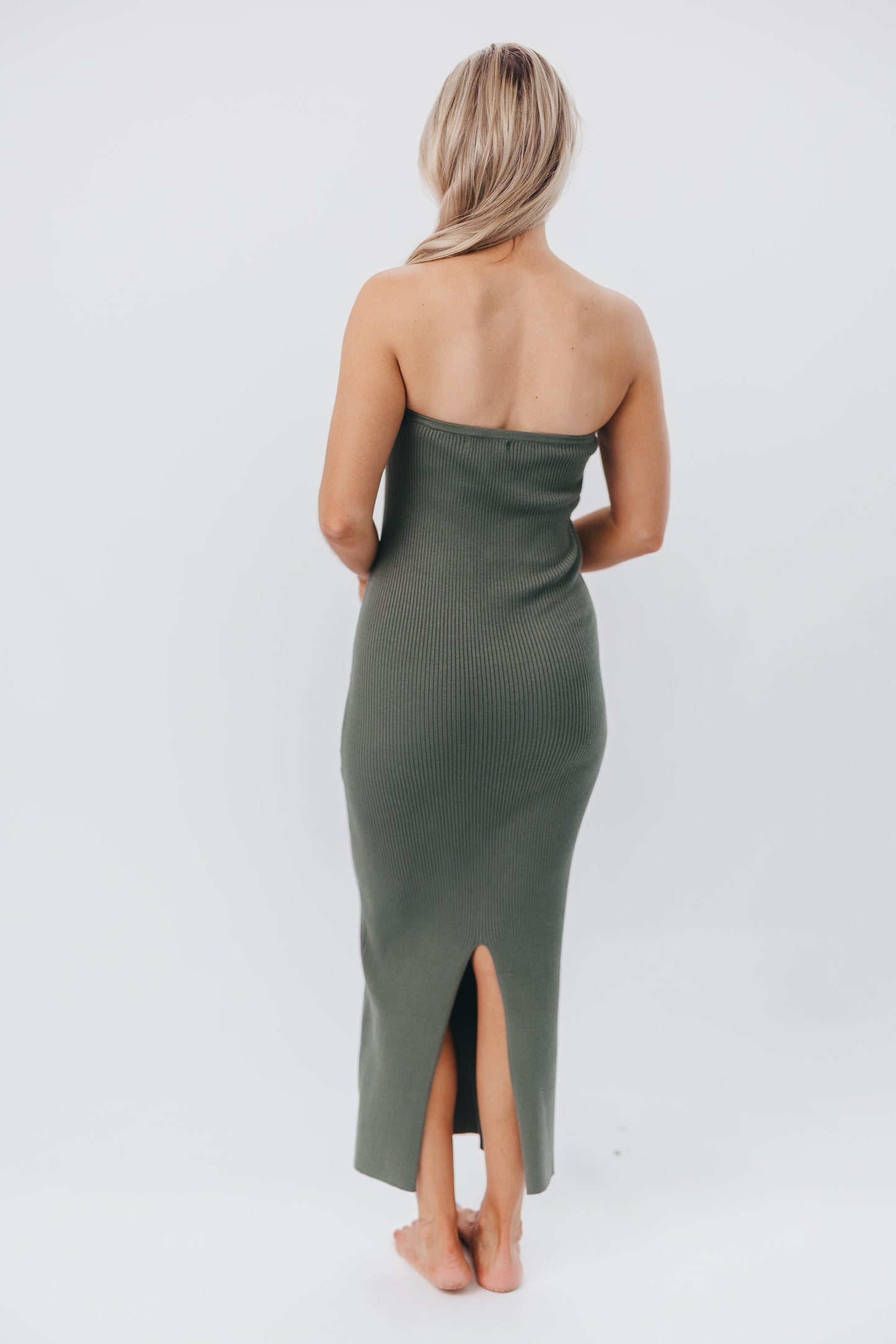 Courtney Ribbed Knit Strapless Maxi Dress in Spruce