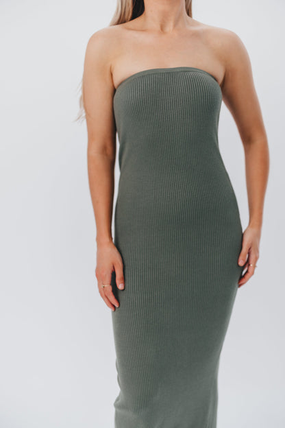 Courtney Ribbed Knit Strapless Maxi Dress in Spruce