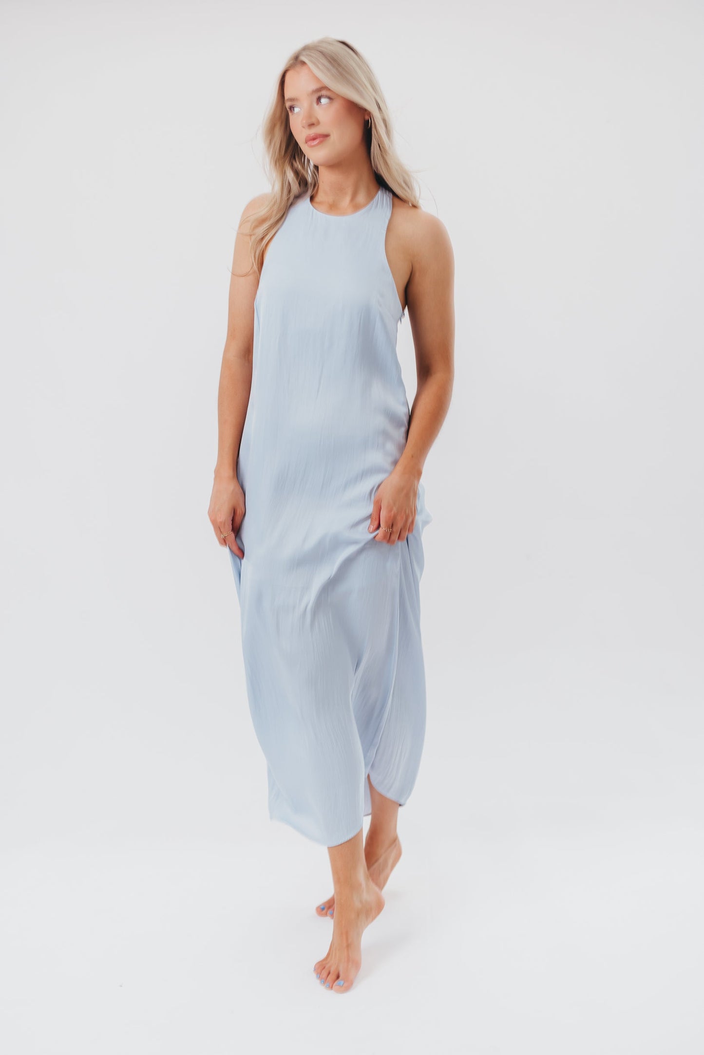 Davina Satin Maxi Dress with Back Twist Detail in Light Blue