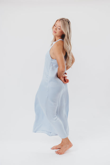 Davina Satin Maxi Dress with Back Twist Detail in Light Blue