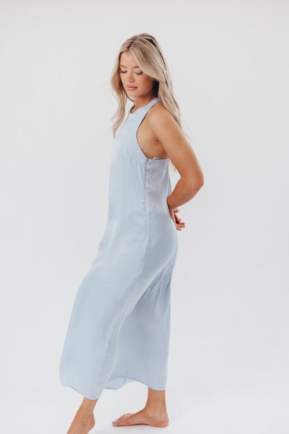 Davina Satin Maxi Dress with Back Twist Detail in Light Blue