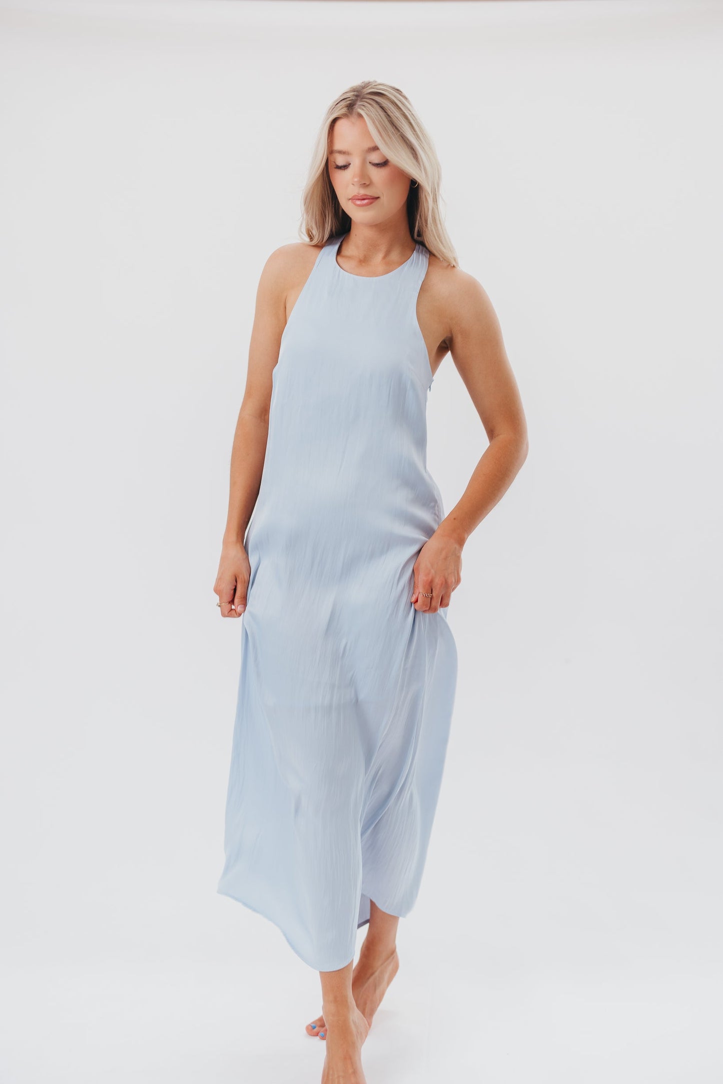 Davina Satin Maxi Dress with Back Twist Detail in Light Blue