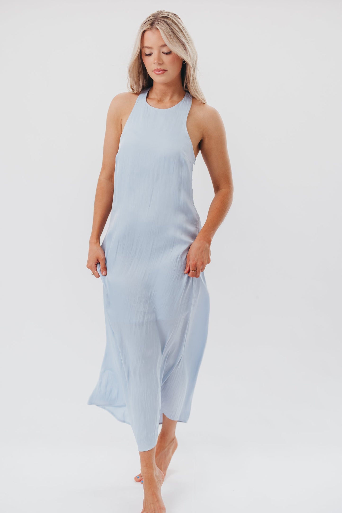 Davina Satin Maxi Dress with Back Twist Detail in Light Blue