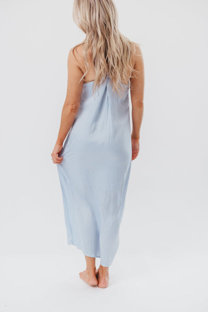 Davina Satin Maxi Dress with Back Twist Detail in Light Blue