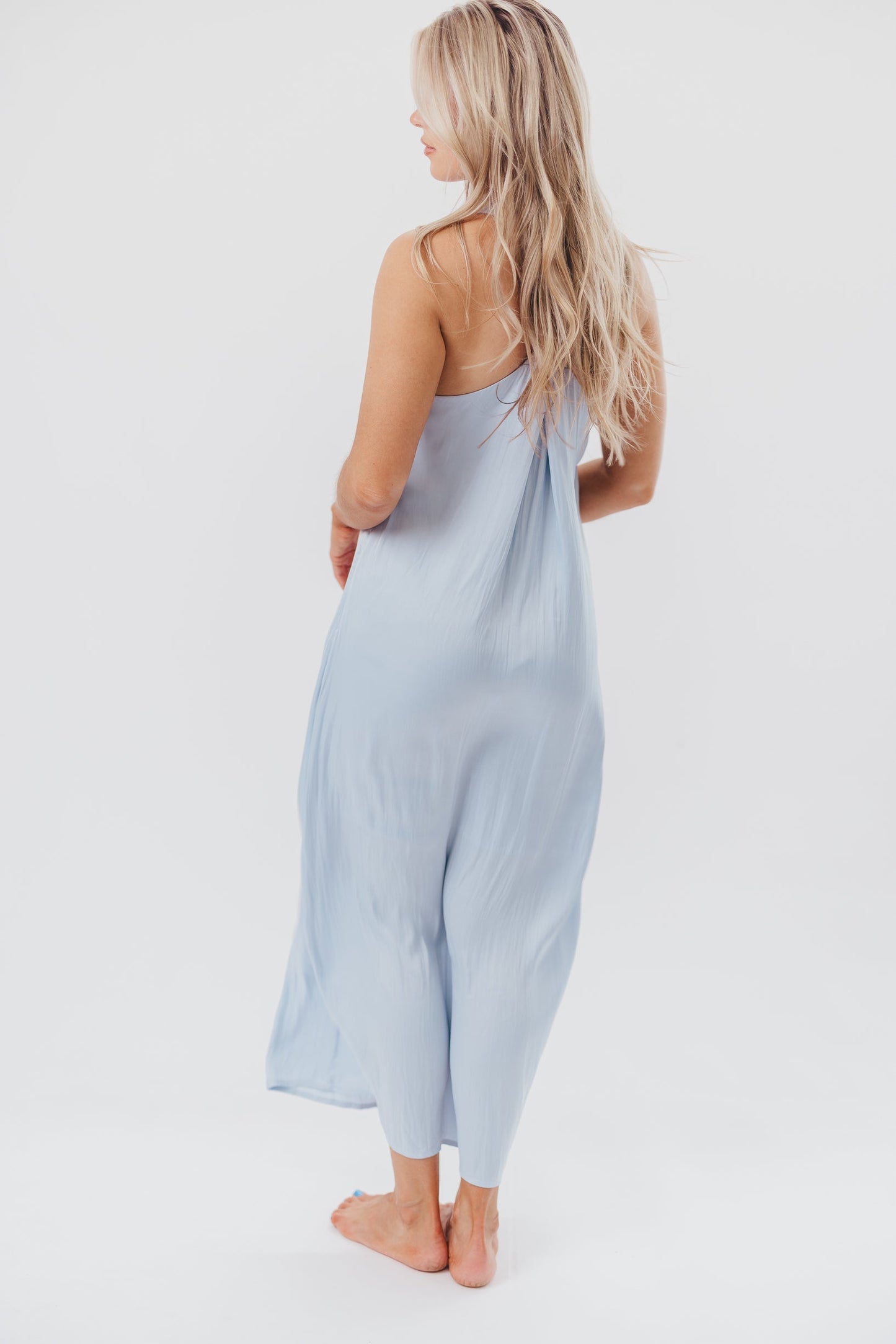 Davina Satin Maxi Dress with Back Twist Detail in Light Blue