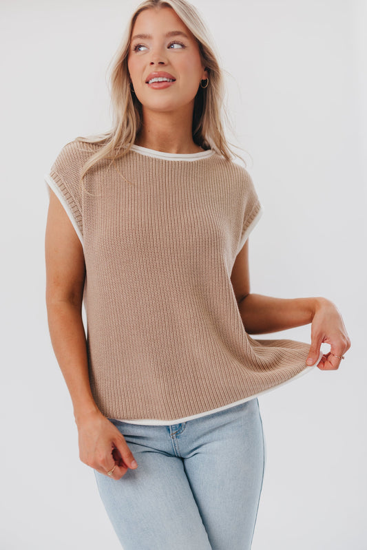 Stella Knit Sweater Vest Top with Contrast Rolled Edge in Natural