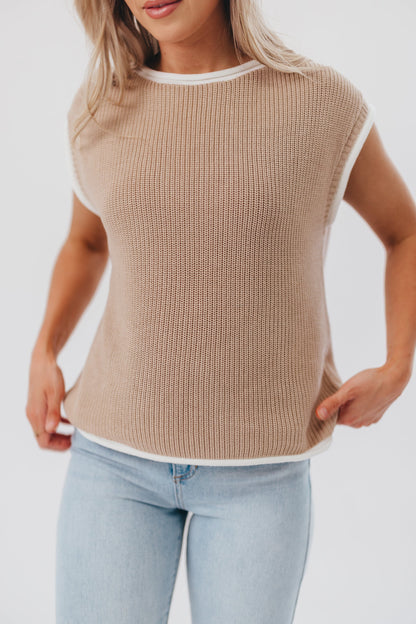 Stella Knit Sweater Vest Top with Contrast Rolled Edge in Natural