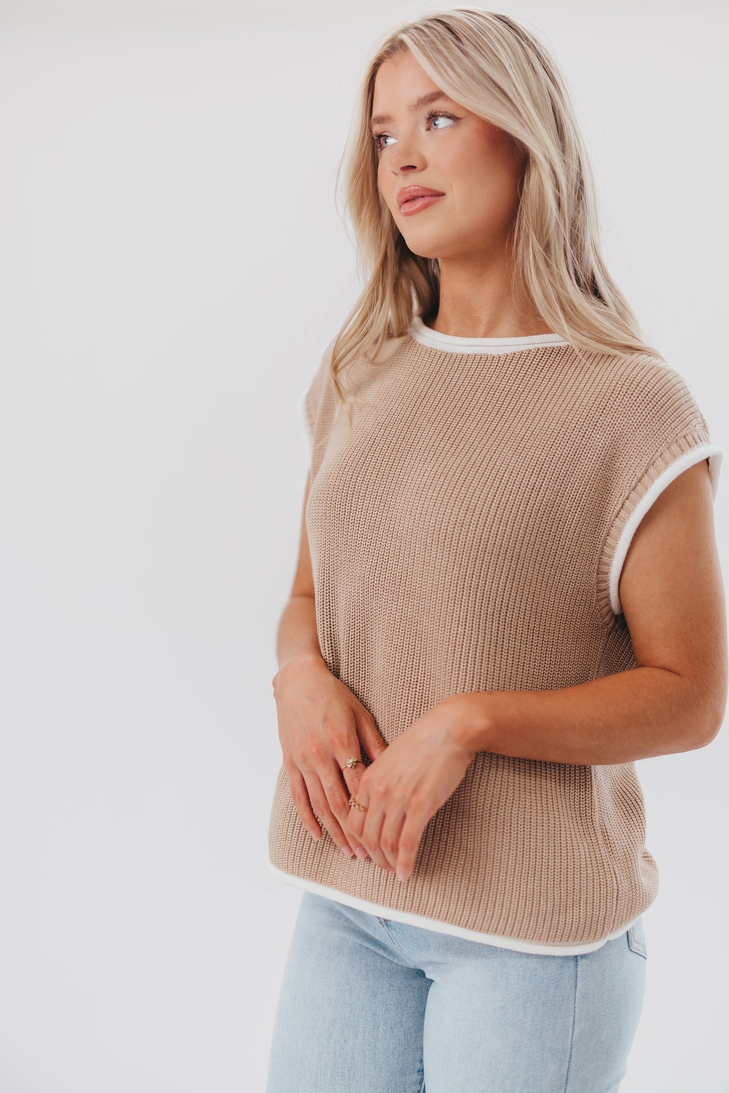 Stella Knit Sweater Vest Top with Contrast Rolled Edge in Natural