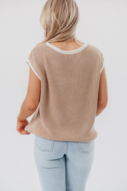 Stella Knit Sweater Vest Top with Contrast Rolled Edge in Natural