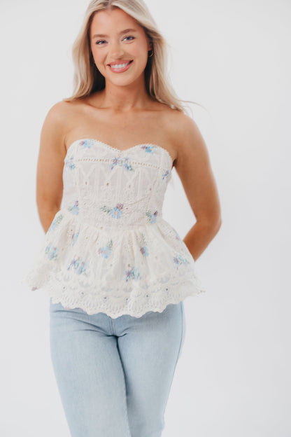 Jodie Strapless Embroidered Top with Sweetheart Neckline in Blue Floral