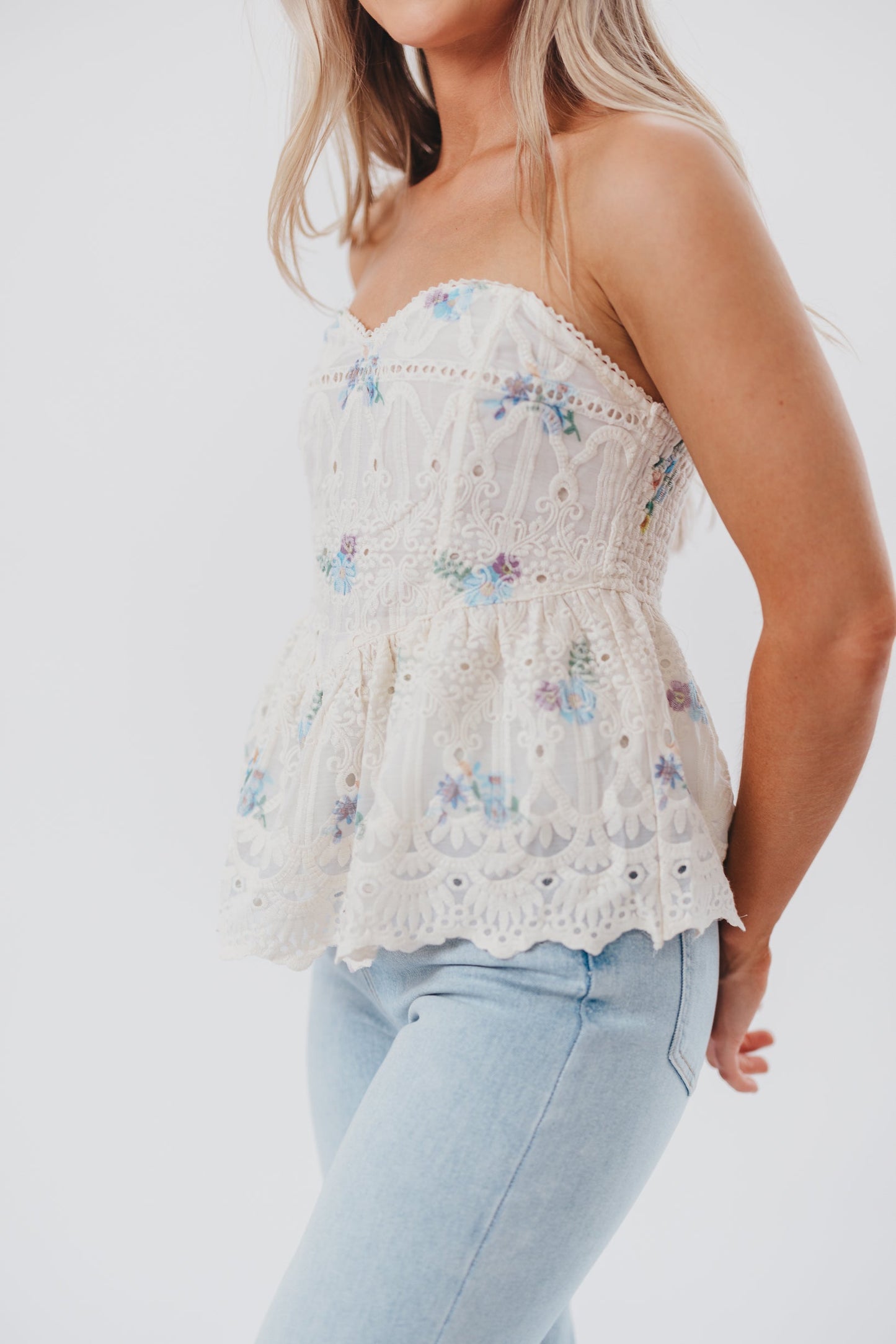 Jodie Strapless Embroidered Top with Sweetheart Neckline in Blue Floral