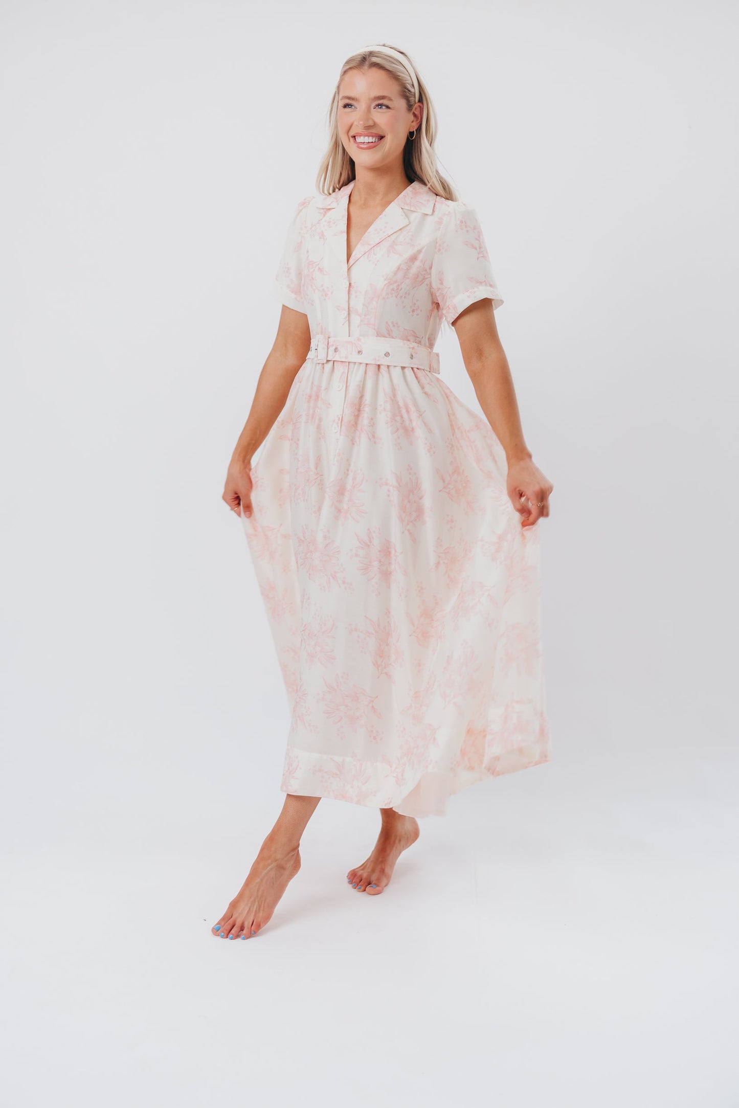 Gracie Button Down Midi Dress with Belt in Pink Floral - Nursing Friendly