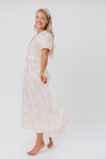 Gracie Button Down Midi Dress with Belt in Pink Floral - Nursing Friendly