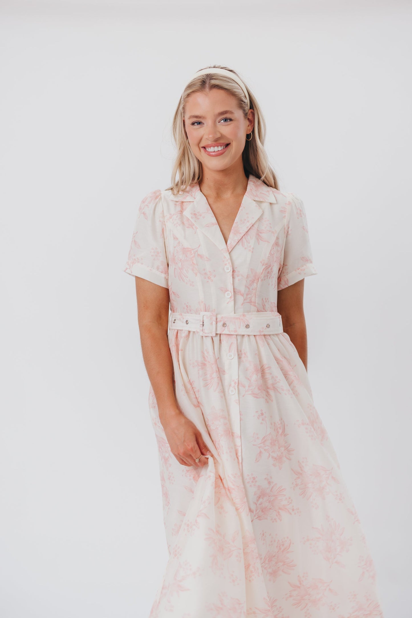 Gracie Button Down Midi Dress with Belt in Pink Floral - Nursing Friendly