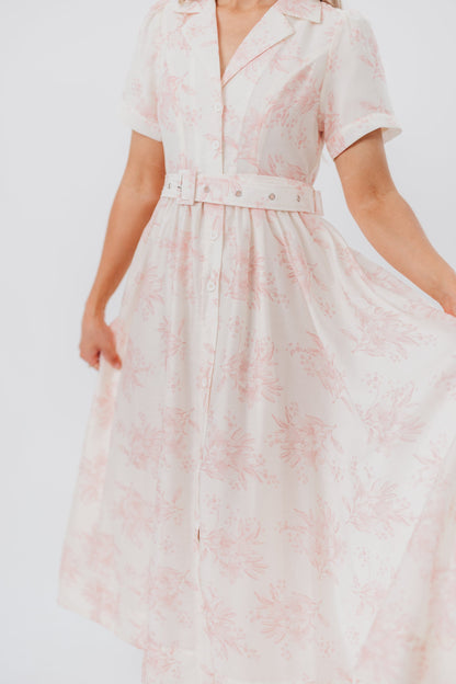 Gracie Button Down Midi Dress with Belt in Pink Floral - Nursing Friendly