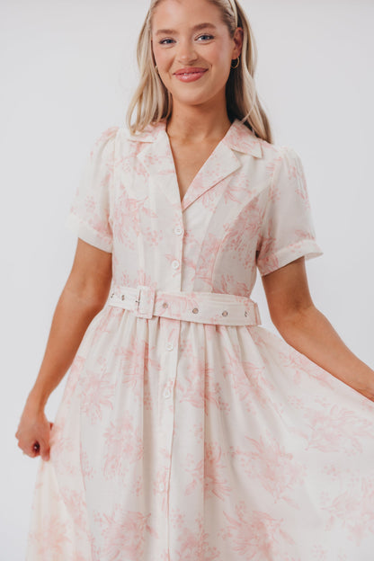 Gracie Button Down Midi Dress with Belt in Pink Floral - Nursing Friendly